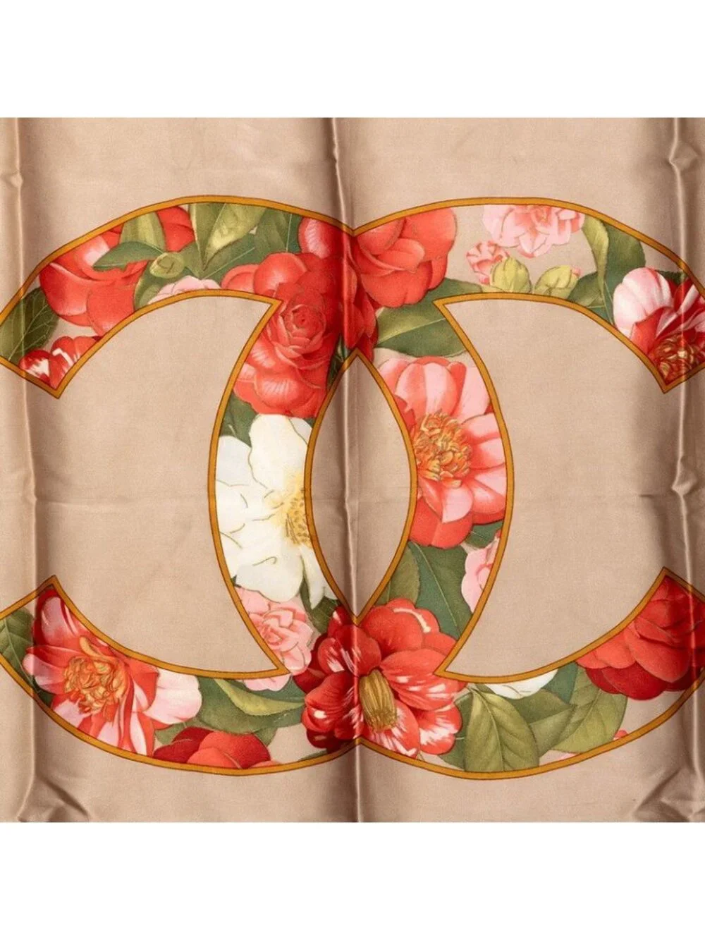 Chanel CC Logo Floral Chain Scarf Large Beige Multicolor Silk